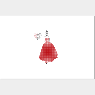 Beautiful fashionable girl in a long red dress Posters and Art